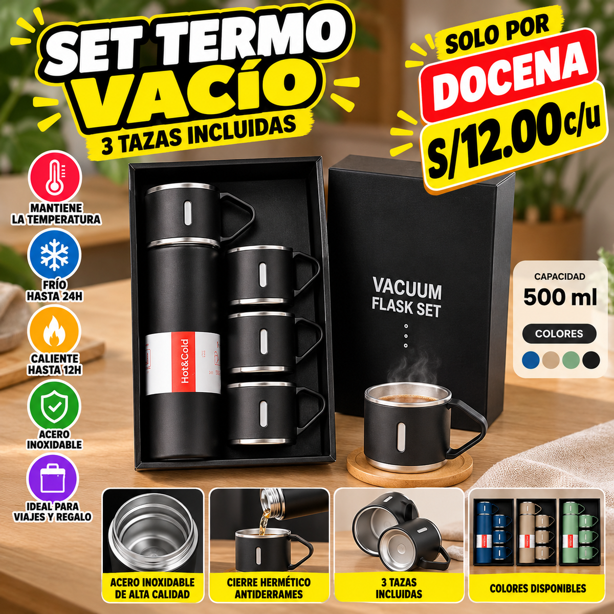 ☕ SET TERMO VACÍO + 3 TAZAS